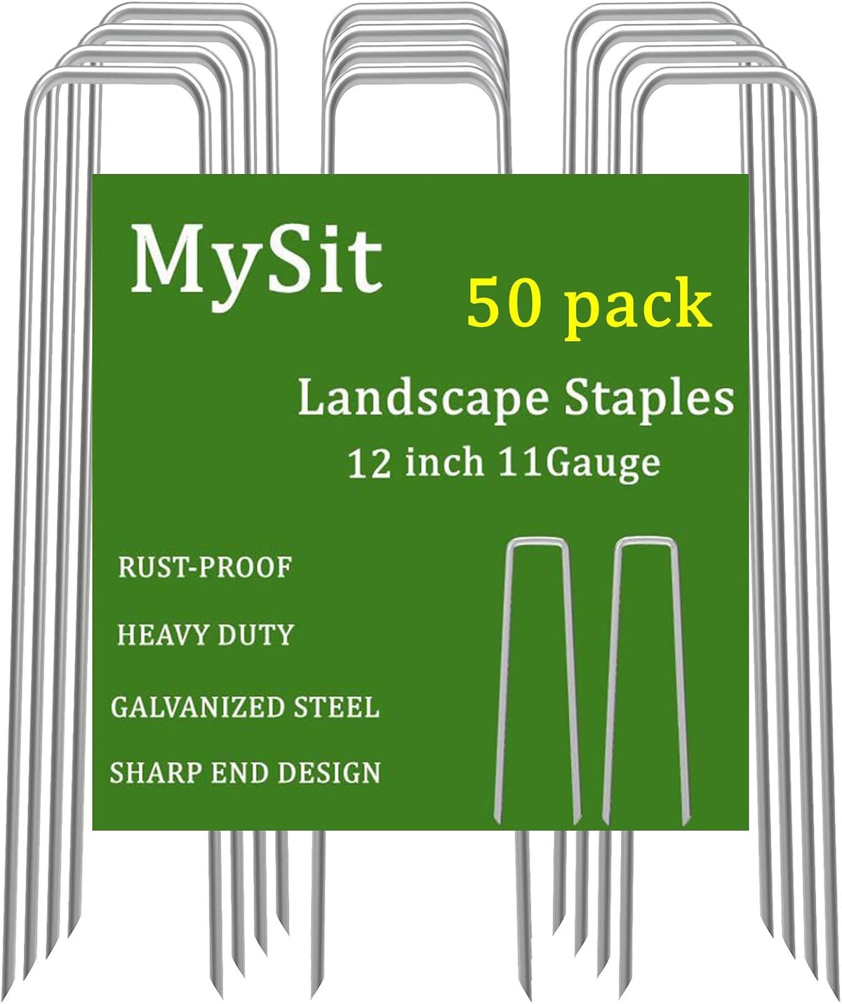 MySit 12" Garden Stakes Pins Landscape Staples 11Ga Tent Stakes 50 Pack, Heavy Duty Galvanized Steel Metal Yard Stakes Ground Lawn Staples Fence Anchors for Weed Barrier Fabric