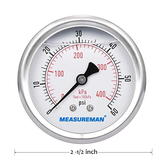 MEASUREMAN 2-1/2inch Dial Size, Liquid Filled Pressure Gauge, 0-60psi/400kpa, 304 Stainless Steel Case, 1/4inchNPT Back Mount