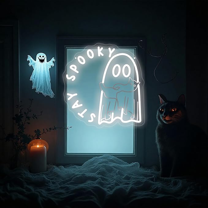 Ghost holding a cat Stay Spooky Neon Sign, Funny Halloween Party Wall Decor, Spooky Season Room Sign for Boo Wall Decor Neon Light for Bar Man Cave Home Yard Decoration Funny Spooky Vibes-White