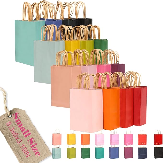 qiqee 100Pcs Small Size Paper Gift Bags with Handles - 8.3"x6"x3.15" Kraft Small Party Bags - 16 Solid Colors