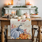 Thanksgiving Fall Cotton Linen Table Runner for Dining Kitchen, Blue Pumpkins Rustic Wedding Outdoor Party Autumn Tablerunners Decoration, Leaves Dresser Scarf Coffee Tablecloth Runners 13x48 Inches
