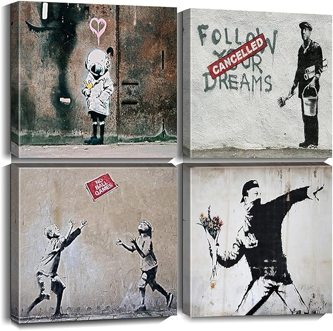 Cortolar Banksy Canvas Wall Art Graffiti Print Picture Abstract Painting for Bedroom Living Room Bathroom Wall Decor (12"x12"x4-B)