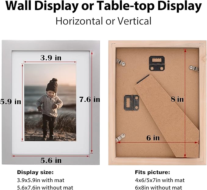 KINLINK 6x8 Picture Frame Light Grey, Solid Wood Frames with Acrylic Plexiglass for Pictures 4x6 with Mat or 6x8 without Mat,Tabletop and Wall Display Photo Frame, Set of 4