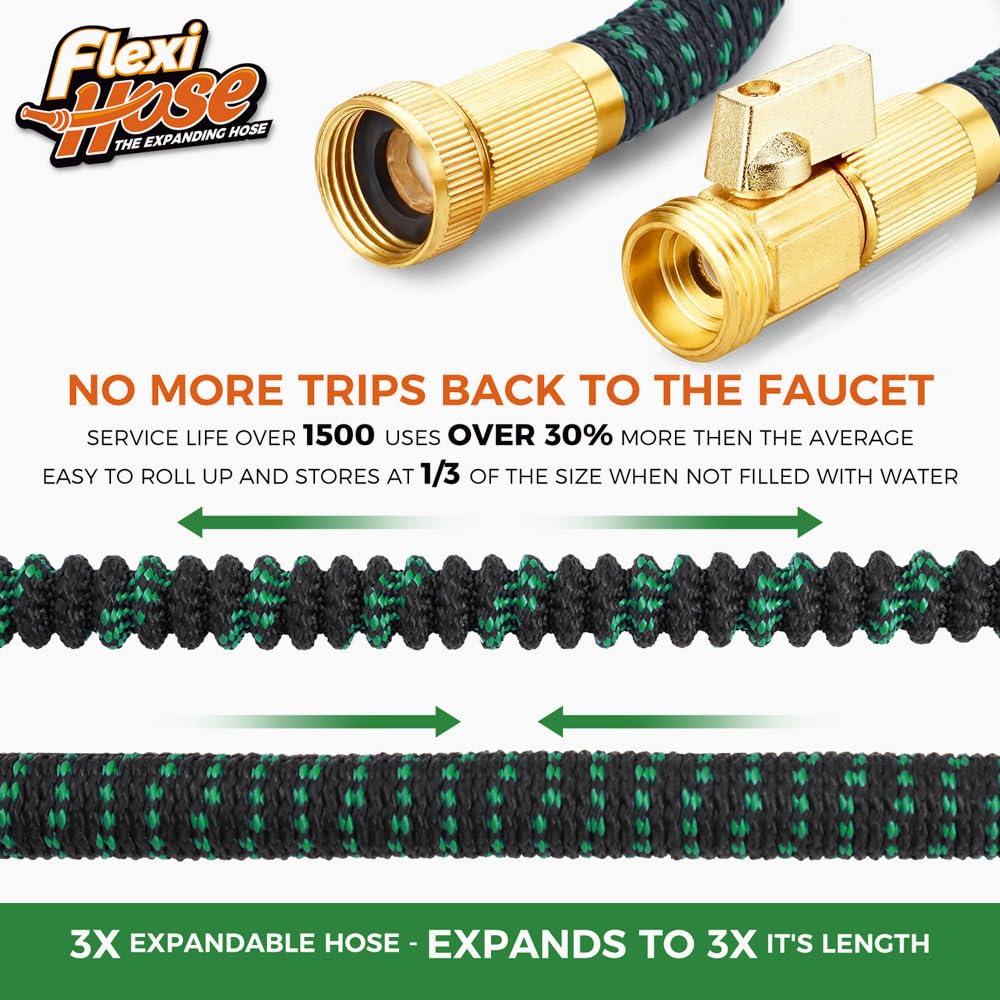 Flexi Hose with 8 Function Nozzle, 25FT - Lightweight Expandable Garden Hose, No-Kink Flexibility, 3/4 Inch Solid Brass Fittings and Double Latex Core - Black and Green