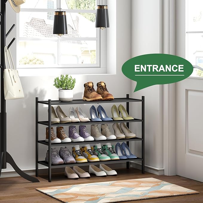 Black 4-Tier Bamboo Wood Shoe Rack, Stackable for Closet, Entryway & Hallway