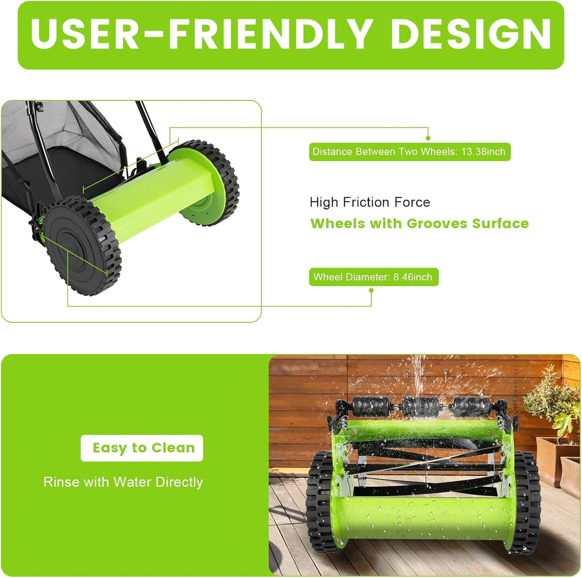 12 Inch 5-Blade Push Reel Lawn Mower, Cordless Manual Lawn Mower with Grass Catcher, Adjustable Cutting Height, Walk-Behind Lawn Mowers for Yard, Garden