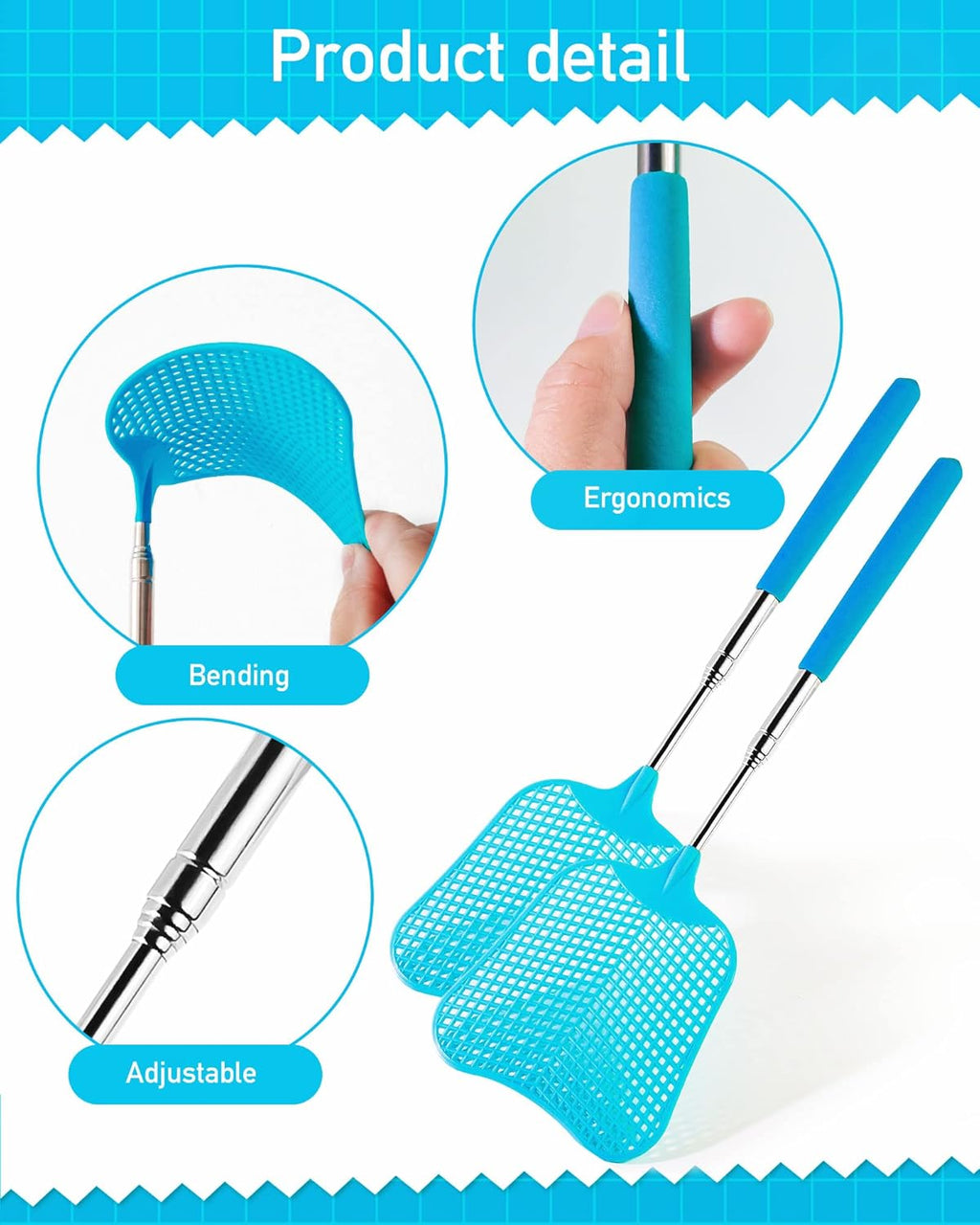 Wapodeai 2 Pack Fly Swatters Heavy Duty Set, Telescopic Fly Swatter, Stainless Steel Handle for Flyswatter (Blue)