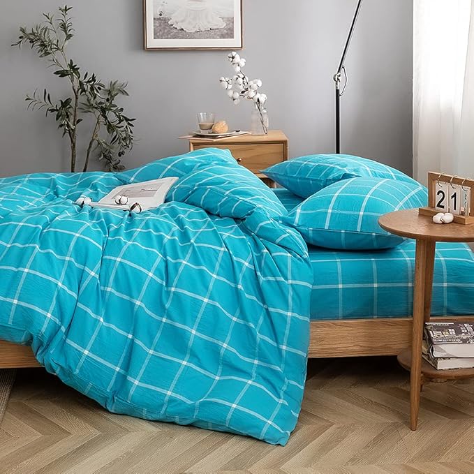 FACE TWO FACE Bedding Duvet Cover Set 3 Pieces 100% Washed Cotton Duvet Cover Linen Like Textured Breathable Durable Soft Comfy (Queen, Turquoise Grid)
