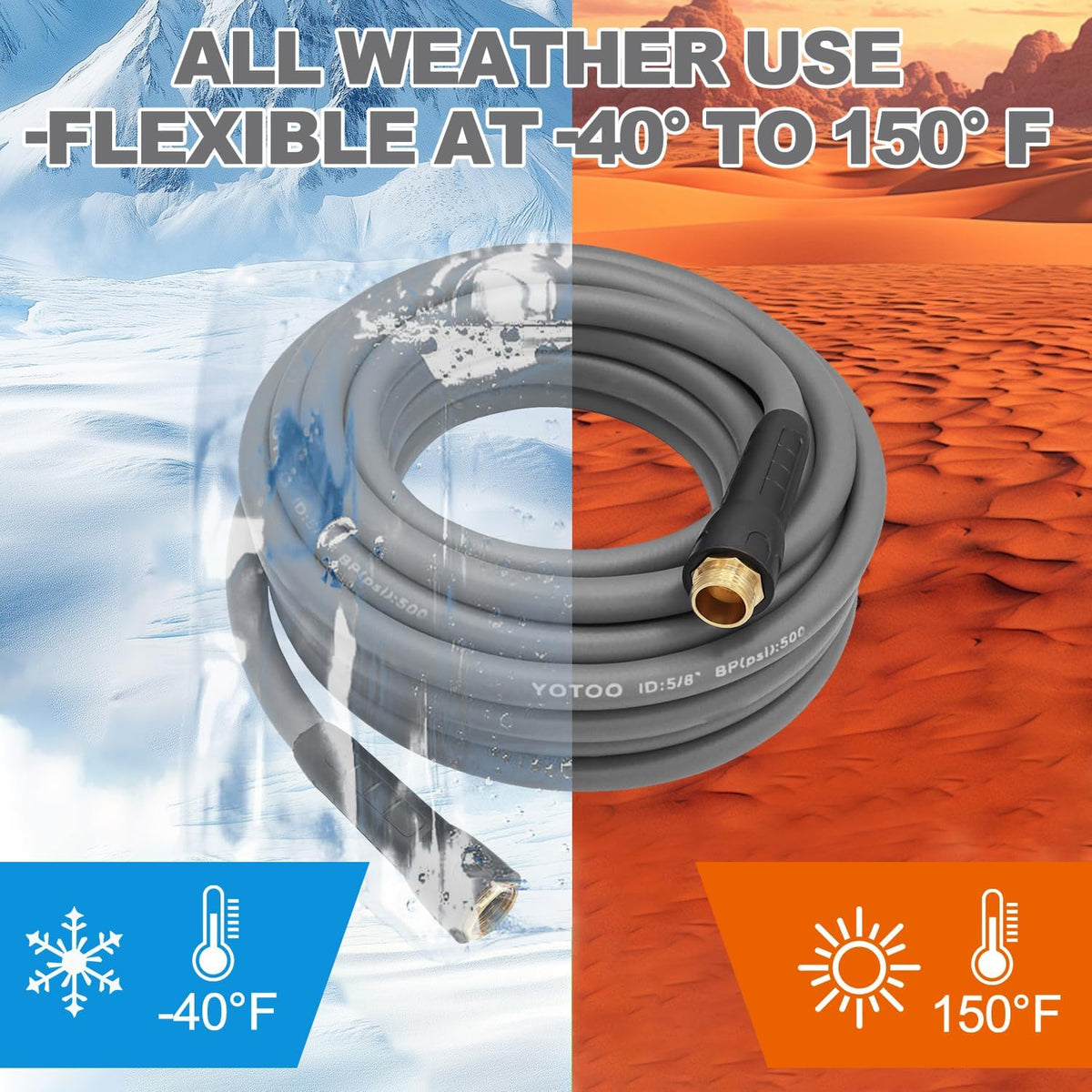 YOTOO Heavy Duty Hybrid Garden Water Hose 5/8-Inch by 100-Feet 150 PSI Kink Resistant, Flexible with Swivel Grip Handle and 3/4" GHT Solid Brass Fittings, Gray
