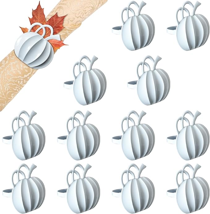 Halatool Thanksgiving Pumpkin Napkin Rings Set of 12, Alloy Fall Napkin Rings Dinner Tables Holders for Thanksgiving Halloween Weddings Holidays Gathering Dinner Party (White)