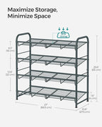 SONGMICS Shoe Rack, 4 Tier Shoe Organizer for Closet, Holds up to 16 Pairs of Shoes, Shoe Rack for Front Door Entrance, Metal Shoe Shelf with Adjustable Tilt Angle, for Entryway, Garage, Grey