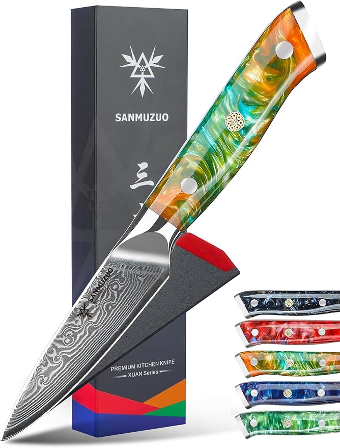 3.5 Inch Paring Knife - Kitchen Fruit Vegetable Knife Damascus Steel & Resin Handle - Xuan Series (Fantasy Orange)