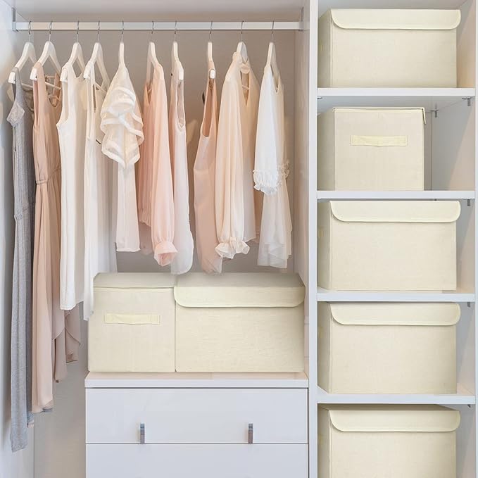 Large 22 Quart [4-Pack] Linen Fabric Foldable Storage Bin Cube Organizer Basket with Flip-Top Lid & Handles, Clothes Blanket Box for Home, Office, Closet (14.6 x 9.5 x 9.5, Beige)