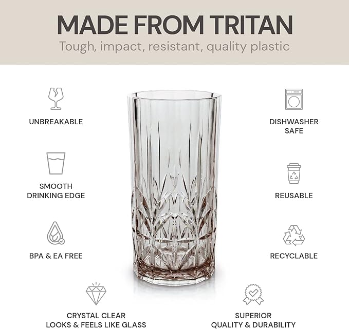 BELLAFORTE Shatterproof Tritan Tall Tumbler, Set of 4, 18oz - Myrtle Beach Drinking Glasses - Unbreakable Plastic Drinking Glasses for Gifting, Parties, New Year - BPA Free - Dishwasher Safe - Gray