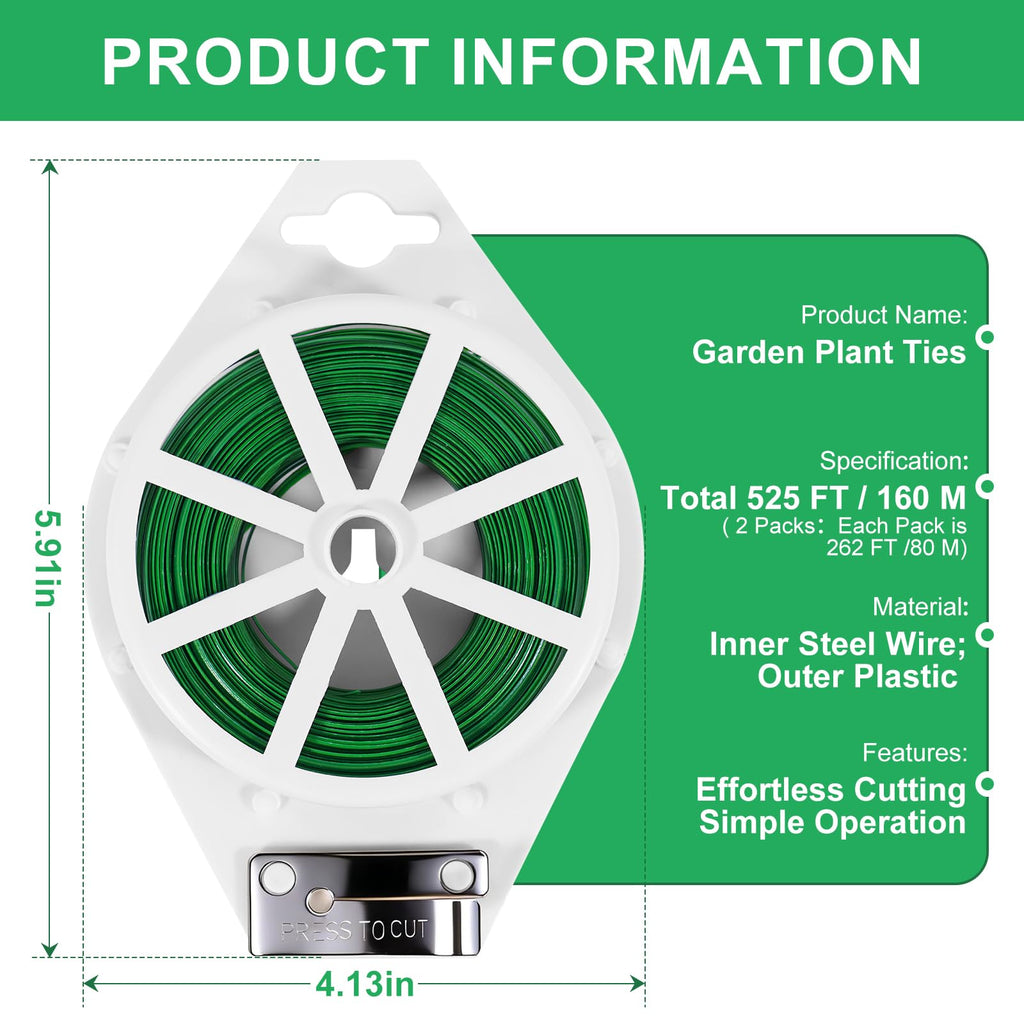 2 Pack Twist Ties, 525 Feet Rustproof Flexible Garden Plant Tie with Cutter