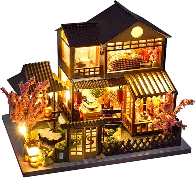 CUTEBEE Dollhouse Miniature with Furniture, DIY Wooden Dollhouse Kit Plus Dust Proof, Creative Room Idea (Japanese Garden House)