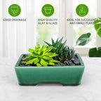 Set of 2 Zisha White Clay Bonsai Pot Glazed Shallow Succulent Planter Green