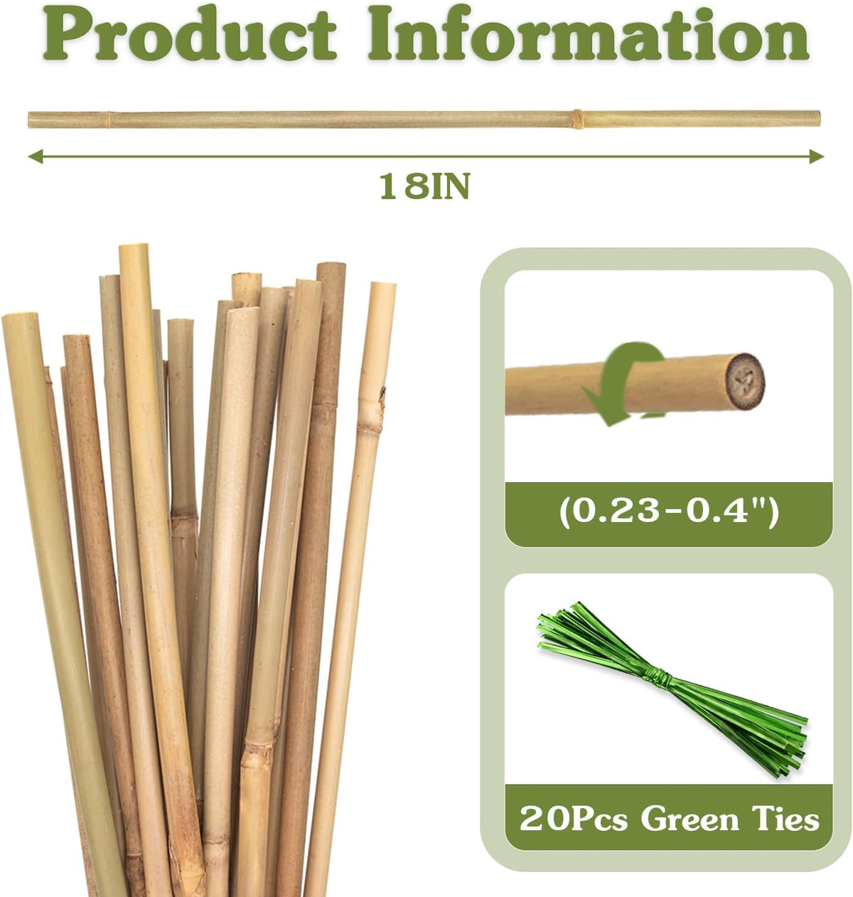 Plant Stakes 18inch, 20Pcs Natural Bamboo Sticks Garden Stakes, HAINANSTRY Plant Support Stakes for Indoor & Outdoor Plants, Orchid Tomato Vegetable Stakes for Garden