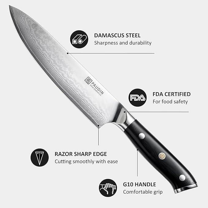 PAUDIN Damascus Chef Knife, 8 Inch Kitchen Knife, 67 Layers Damascus Steel Knife Japanese VG10 Core, Professional Chefs Knife with Ergonomic G10 Handle