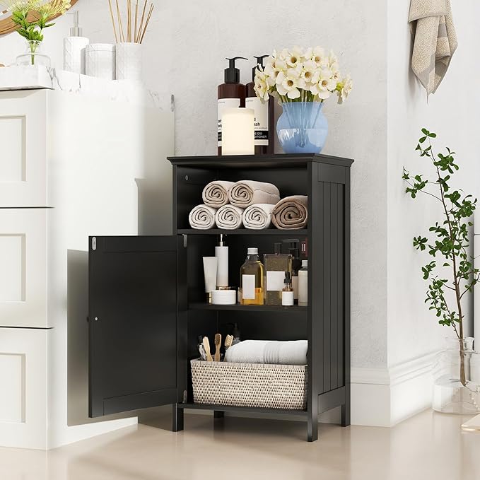 Tangkula Bathroom Storage Cabinet, Freestanding Wooden Single Door Side Floor Organizer with Adjustable Shelf, Small Bathroom Cabinet for Small Spaces, Living Room (Black)