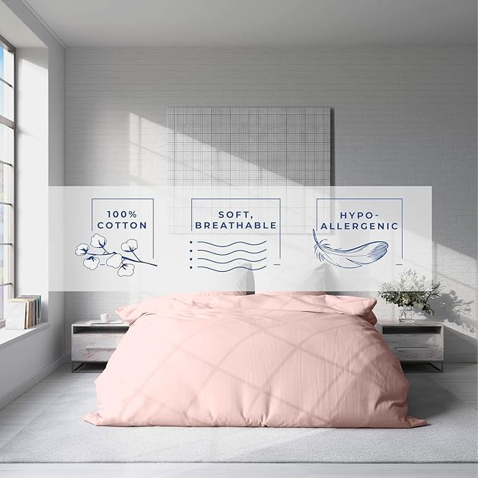 Kotton Culture 3 Pc Twin Size Duvet Cover Set- 100% Egyptian Cotton Sateen 600 Thread Count Ultra Soft Premium Durable Comforter Cover Zipper Closure & Corner Ties (Pink Blush, Twin/Twin XL 68" X 90")