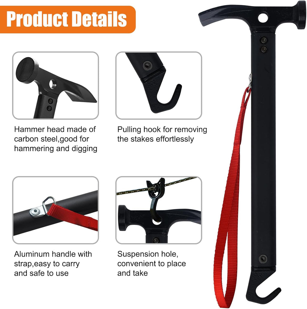 Eurmax USA Hiking Camping Tent Stakes and Hammer Set Lightweight Multi-Function Tent Hammer with Tent Stake Remover,Tent Pegs for Camping, Hiking, Backpacking, Gardening(Red Stakes)