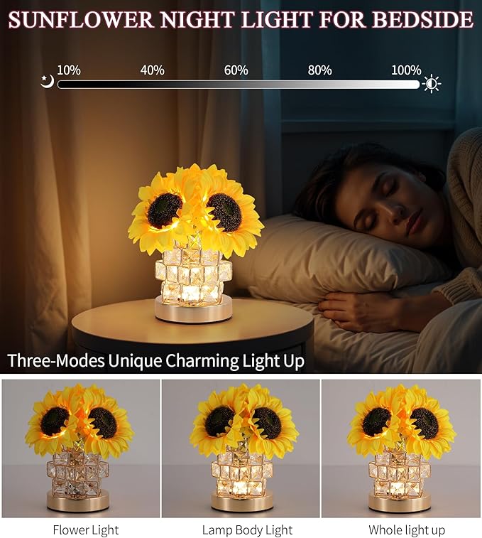 Sunflowers Lamp,Rechargeable Cordless Touch Lamp,3-Colour Infinitely Dimming Small Night Light,Crystal Table Lamp for Home Decor/Restaurant/Bar/Coffee Shop,Gifts for Women/Mom