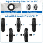 4.80/4.00-8" Flat Free Wheelbarrow Tire and Wheels, 16" Universal Fit Solid Tire with 5/8" or 3/4" Bearing, 3"-7" Hub, Adapter Kit Hand Truck Wheel Replacement for Garden Trailer, Wagons, 1 PCS