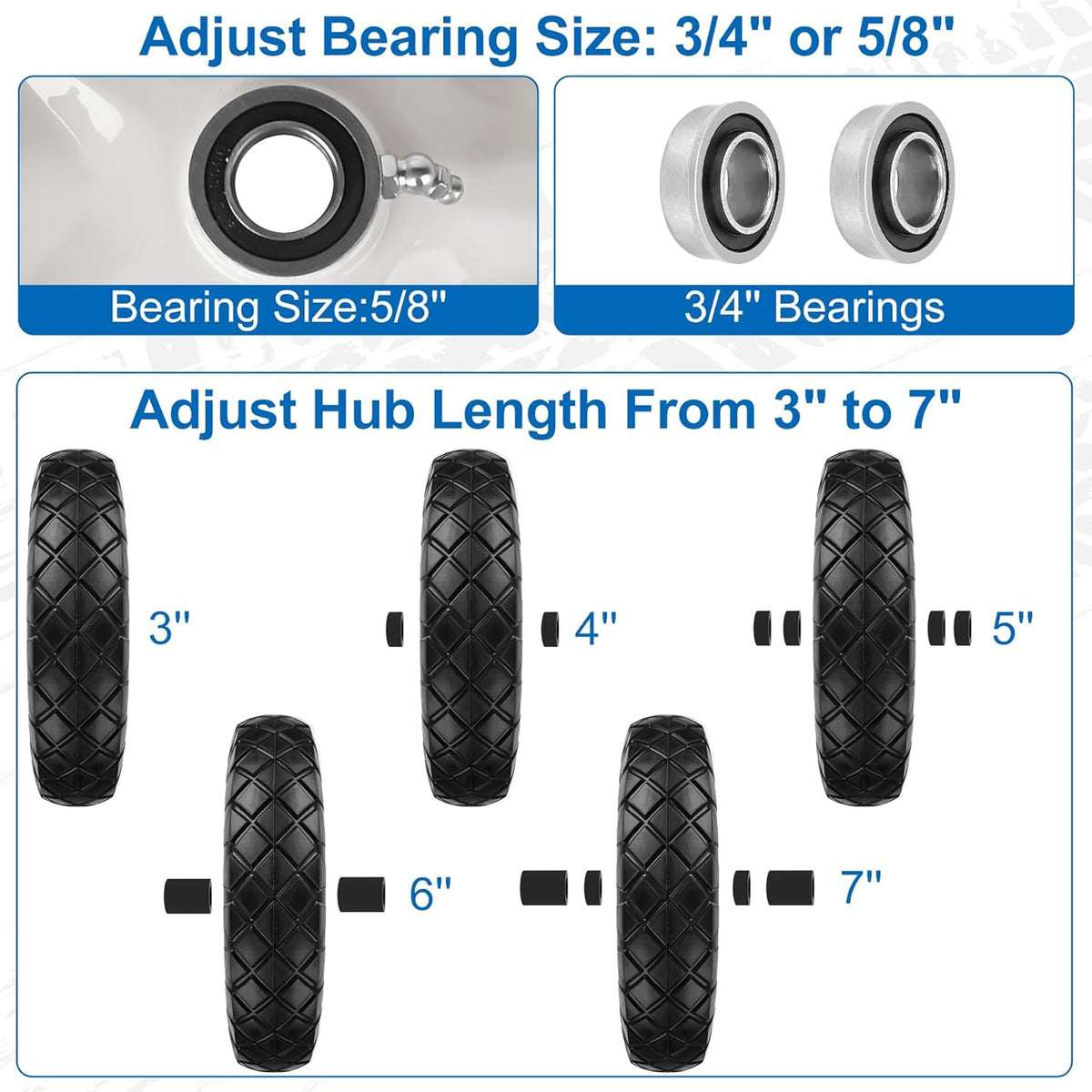 4.80/4.00-8" Flat Free Wheelbarrow Tires and Wheels, 16" Universal Fit Solid Tires with 5/8" or 3/4" Bearing, 3"-7" Hub, Adapter Kit Hand Truck Wheels Replacement for Garden Trailer, Wagons, 2 PCS