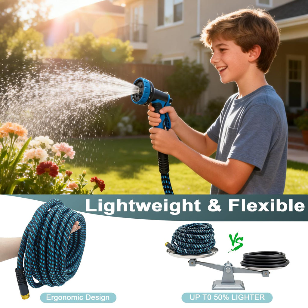 Garden Hose 50ft, Non-Expanding Water Hose Ultra Lightweight, Kink-Free Flexible Hose with 10-Pattern Nozzle, Durable & Abrasion Resistant Outdoor Hose for Yard, Lawn, Marine, RV, and Car Wash (50 FT)