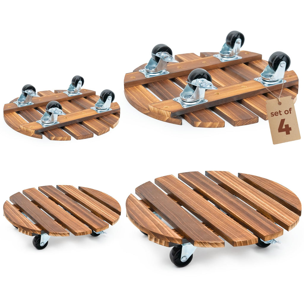 Bamworld Plant Stand with Wheels Plant Caddy Outdoor 4 Pack 12in Rolling Planter Caddy with Swiveling and Lockable Caster for Indoor Patio Plant Dolly Wood Wheeled Mobile Roller