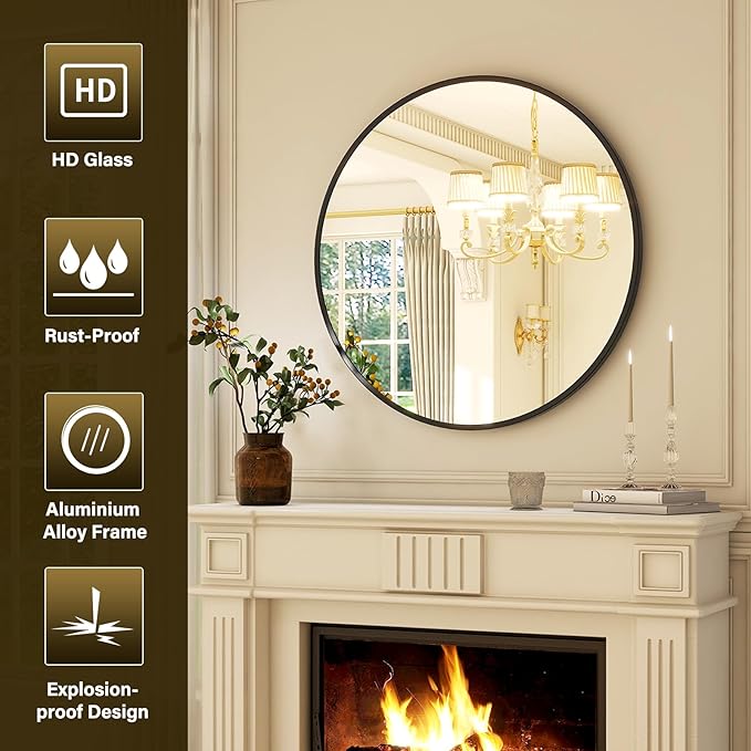 32 Inch Round Black Metal Wall Mirror - Stylish Circle Mirror for Entryway, Bathroom, and Living Room Decor | Matte Black Circle Wall Mirror