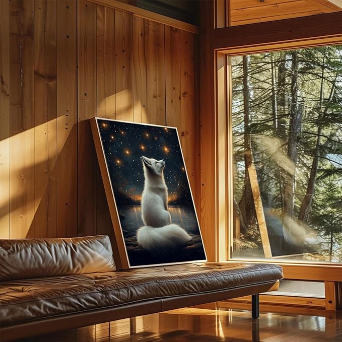Djmwtb White Fox Framed Wall Art Starry Night Canvas Wall Art Prints Woodland Animal Painting Whimsical Nature Landscape Pictures Artwork for Living Room Bedroom 12x16in