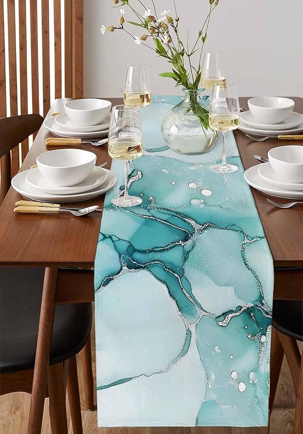 Turquoise Marble Cotton Linen Table Runner for Dining Kitchen, Wedding Outdoor Party Tablerunners Decoration, Nature Marble Crack Country Retro Dresser Scarf Coffee Tablecloth Runners 13x120 Inches