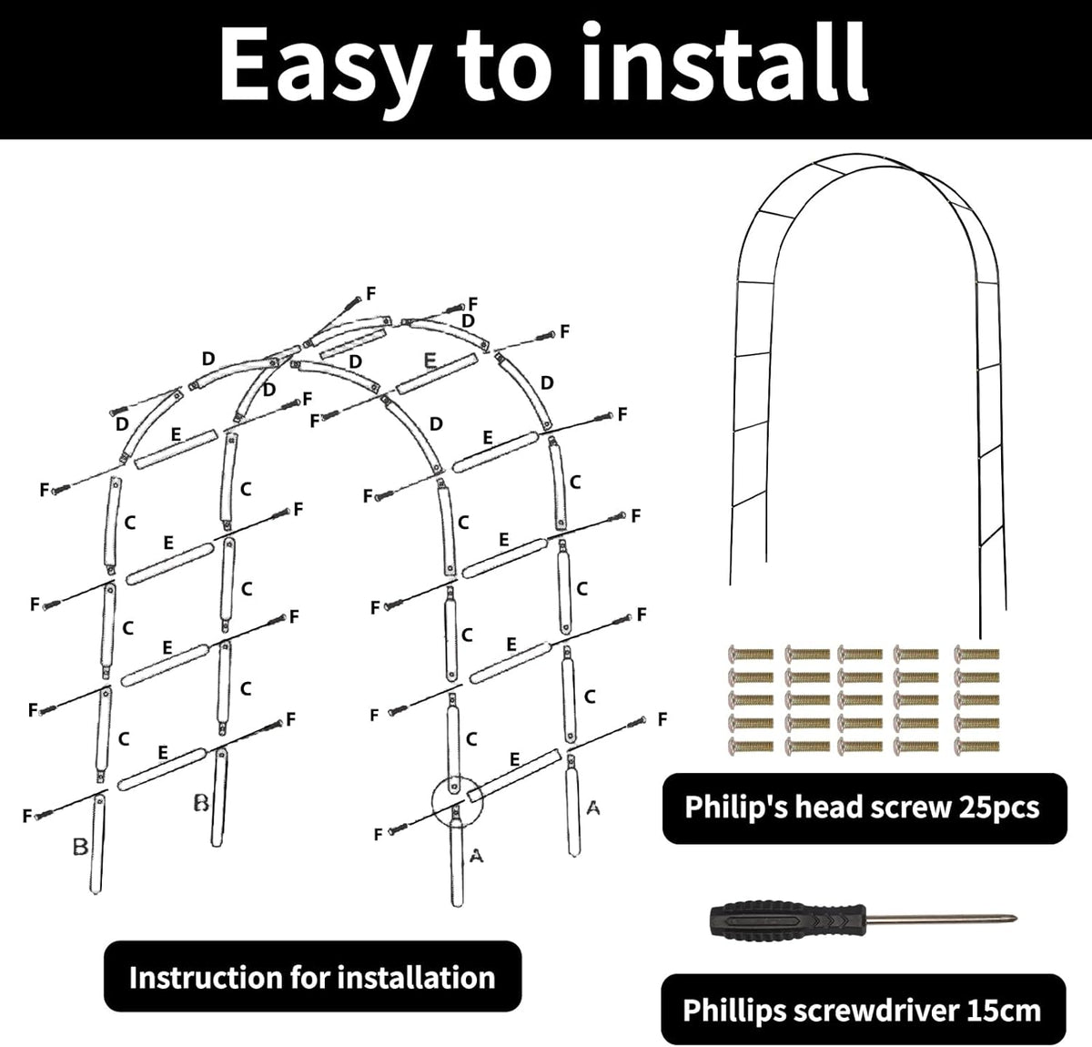 RUBFAC 94" Metal Garden Arch Trellis for Climbing Plants Outdoor, Garden Arbors and Arches, Wedding Arch Frame Archway for Balloons Pumpkin Vines Halloween Christmas Party Decoration, Black
