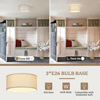 13 Inch Flush Mount Ceiling Light with Burlap Linen Drum Shade, Semi Flush Mount Ceiling Fixture, 3-Light Drum Light Fixture,Rustic Farmhouse Style for Bedroom, Living Room, Hallway, Entryway