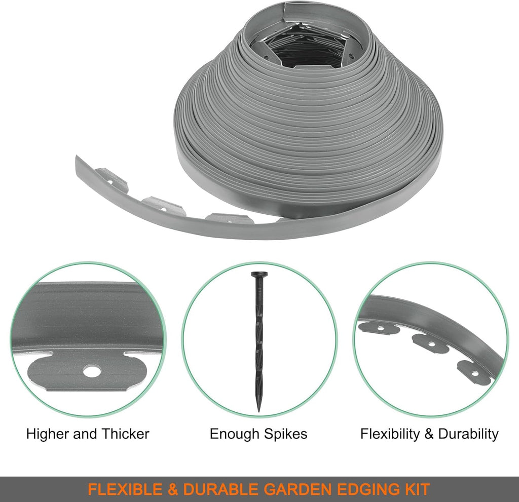 Garden Edging - 100 Feet Plastic Landscaping Edging Border with 93 Pack Spikes Apply to Flower Beds/Grass Lawn/Yard (1.57Inches Tall, Grey)