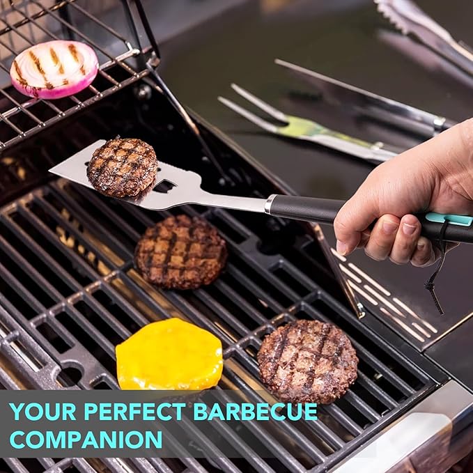 5-Piece Good Grips BBQ Grill Tool Set – Extra Tough Metal Wire Brush Cleaner, Stainless Steel Spatula, Fork, Tongs, Basting Brush for Outdoor Grilling, Camping - Perfect Grill Gifts for Men Dad