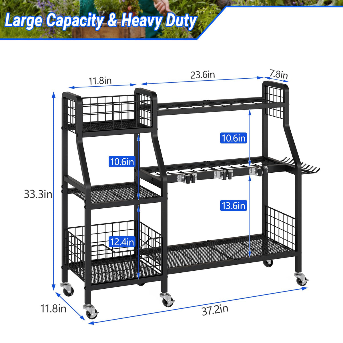 keomaisyto Heavy-Duty Garden Tool Organizer with 6 Wheels and 2 Baskets