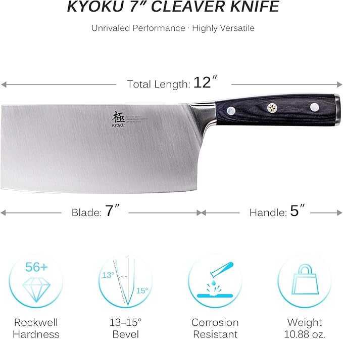 KYOKU Samurai Series - 7" Cleaver Knife - Full Tang - Japanese High Carbon Steel Kitchen Knives - Pakkawood Handle with Mosaic Pin - with Sheath & Case