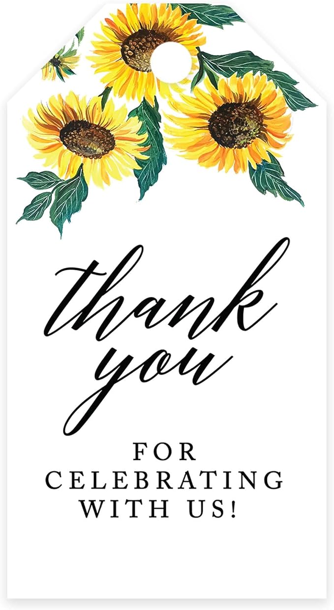 Andaz Press 100-Pack Thank You for Celebrating with Us Favor Tags Sunflowers Cardstock Gift Tags with Bakers Twine for Wedding Baby Shower Bridal Shower Birthday Party Favors 2 x 3.75-Inches