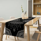 Lotus Flower Table Runner, Bohemian Ethnic Oriental Mandala Black White Floral Print Table Runner for Home Kitchen Dining Indoor Outdoor Dinner Party Decor, 13x90inch
