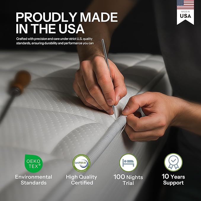 Hybrid Mattress Queen 10 Inch – Pressure Relief Made in USA Queen Bed Mattress in a Box with Pocketed Coils, Reinforced Edge Support, Medium Feel, CertiPUR-US Certified, Bed in a Box, CE-10-Q