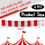 6 Pack 10 Feet Red Silver Foil Fringe Garland Metallic Tinsel Streamers Banner Wall Hanging Curtain Backdrop Banner for Parade Floats, Thanksgiving, Christmas, Birthday, Halloween Party Decorations