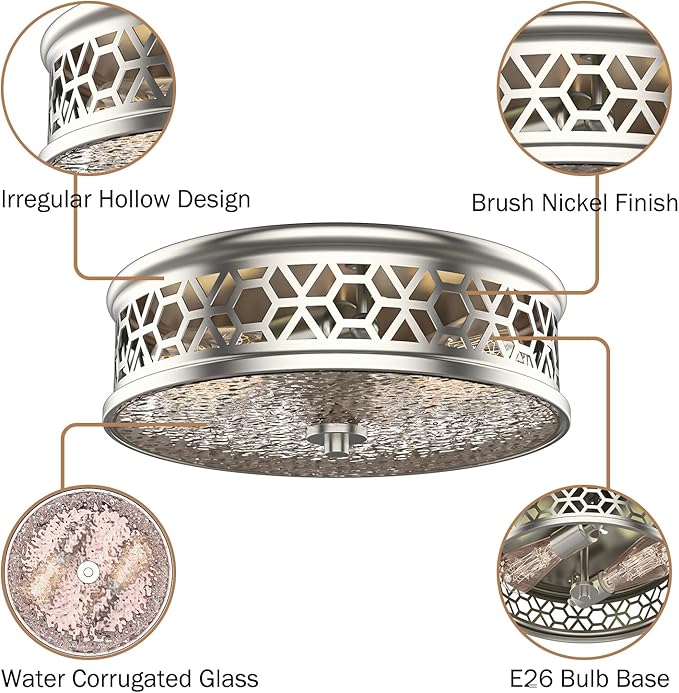 EAPUDUN Flush Mount Ceiling Light, 12 Inch 2 - Light Vintage Ceiling Light with Rippled Glass, Brush Nickel Ceiling Fixture for Hallway Corridor Kitchen Bathroom Bedroom Passway FMA1538-PLN