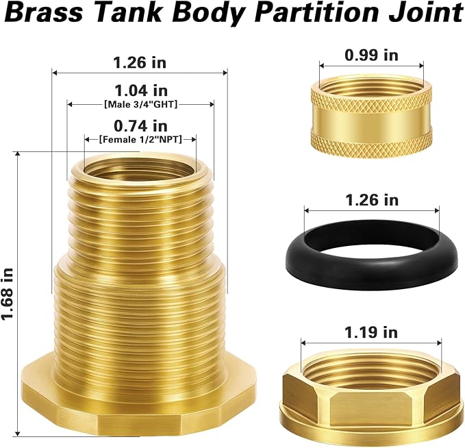 Wantmatch Brass Bulkhead Fitting with Plug Double-Threaded 1/2 NPT to 3/4 GHT Tank Adapter for Water Tanks, Rain Barrels, Garden Hoses Corrosion Resistant, Easy to Install