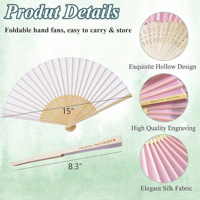 15 Sets Personalized Pink Hand Fans, Custom Engraved Folding Fans for Wedding Guests, Bamboo Folded Handheld Fan Wedding Fan Bridal Dancing Props Party Favors Bridal Shower Gifts