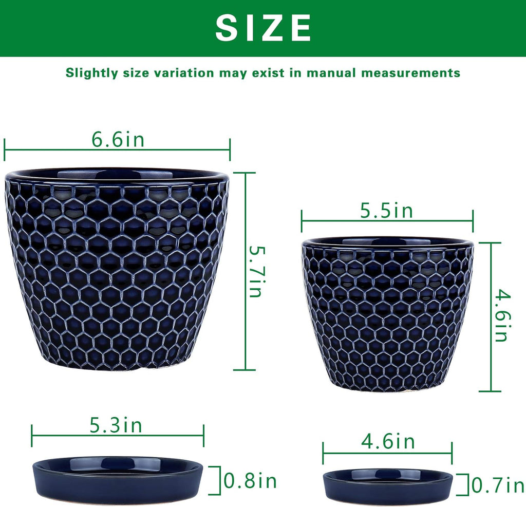 Docrin Ceramic Plant Pots Indoor, 6.6 + 5.5 Inch Planters with Drainage Holes and Saucer for Home/Office - Set of 2 /Blue Honeycomb