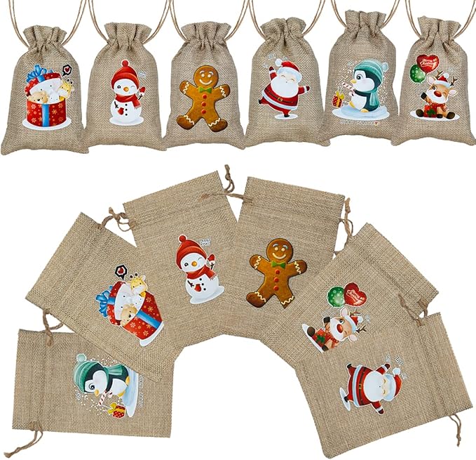 ARTLYMERS 24 Pack Christmas Jute Burlap Bags, Christmas Drawstring Gift Bags for Xmas Presents Holiday Party Favor Treats Candy, 6 Designs