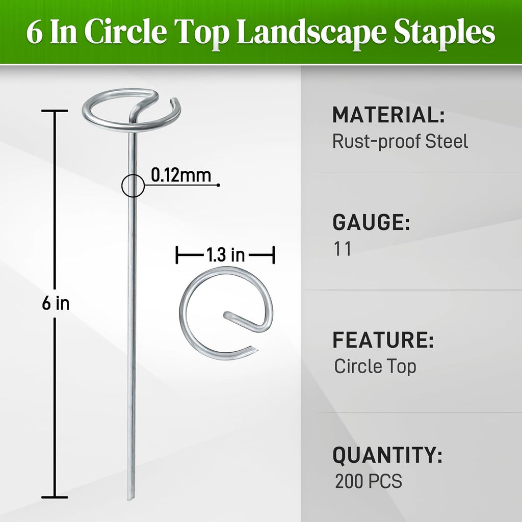 200 Pcs Circle Top Landscape Staples, 11 Gauge Landscape Fabric Pins, 6 Inch Garden Stake for Landscaping, Galvanized Landscape Fabric Stakes, Heavy Duty Ground Stakes for Lawn Weed Barrier